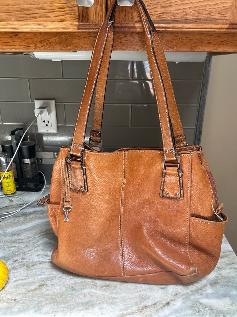 Vintage FOSSIL Brown LEATHER Shoulder Bag Double Compartment Distressed Boho Y2k